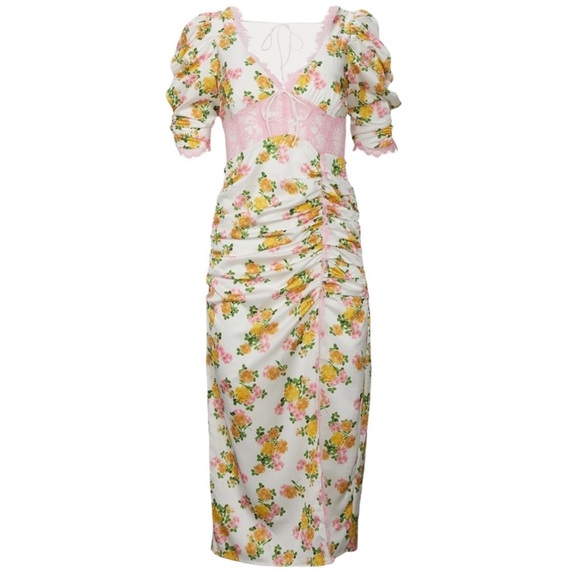 Women’s Xs Floral Dress For Love and Lemons Emma Midi Dress Silk w pink lace - Picture 3 of 8